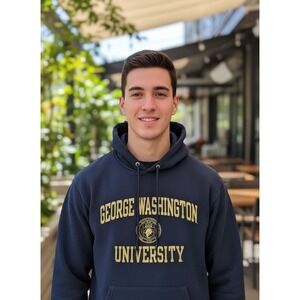 Champion George Washington University Hoodie Navy Blue Gold GWU Mens Small